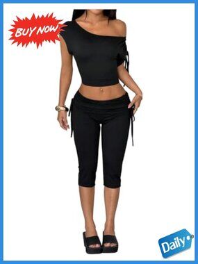 2 Piece Off Shoulder Short Sleeve Top & Fold Over Capri Pants Set